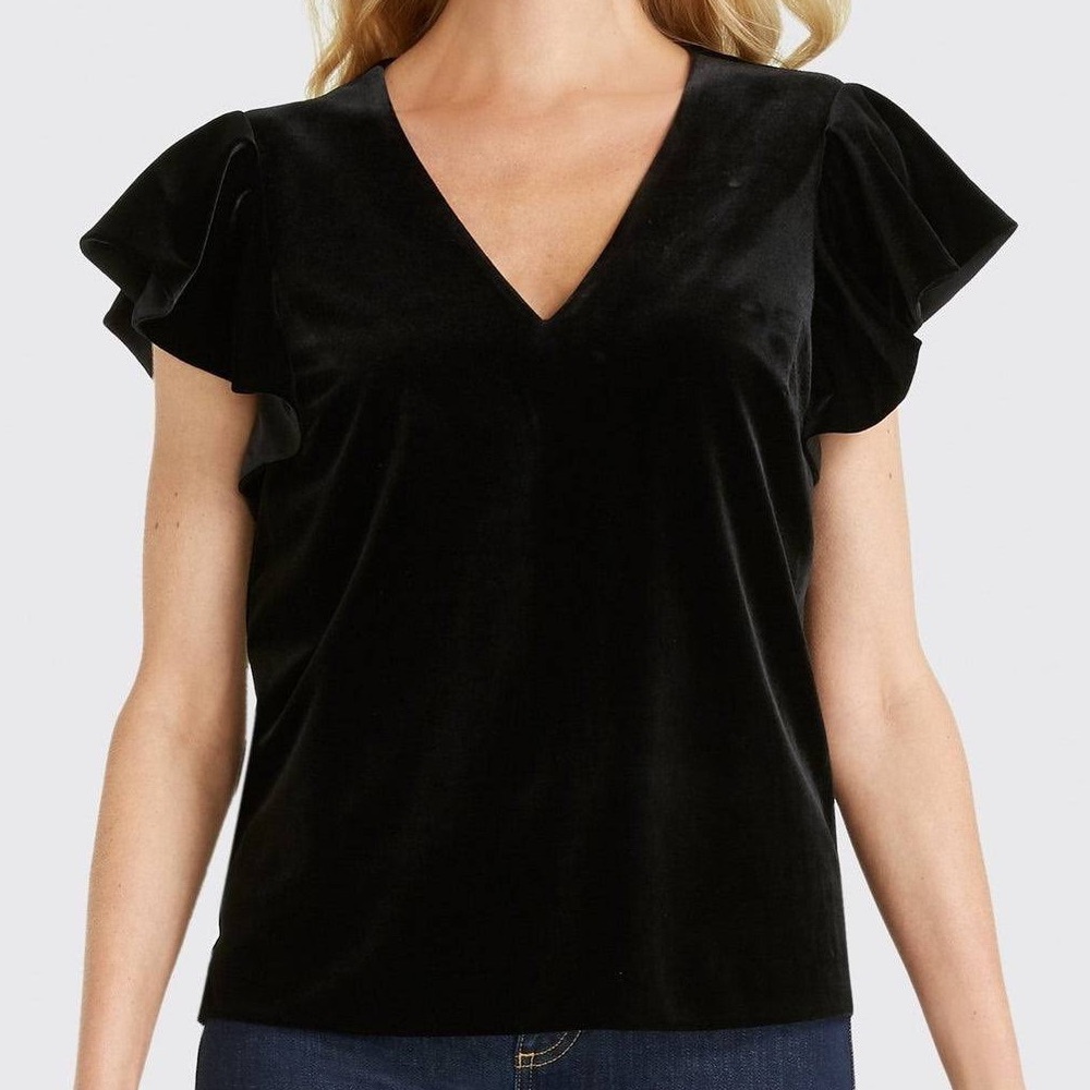 NWT Draper James Velvet Flutter Sleeve Blouse, Black, Size 04